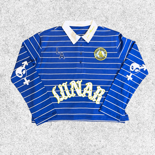 Blue striped long-sleeve polo shirt with logo, Lunar text, Les Aliens logo on elbows. 